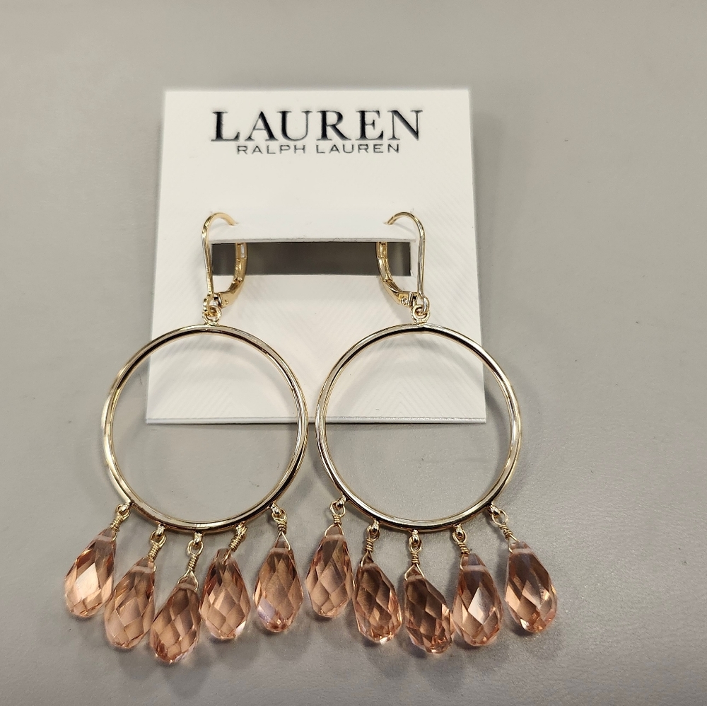 NWT Ralph Lauren Gold-Tone Pink Bead Charm Drop Hoop Earrings